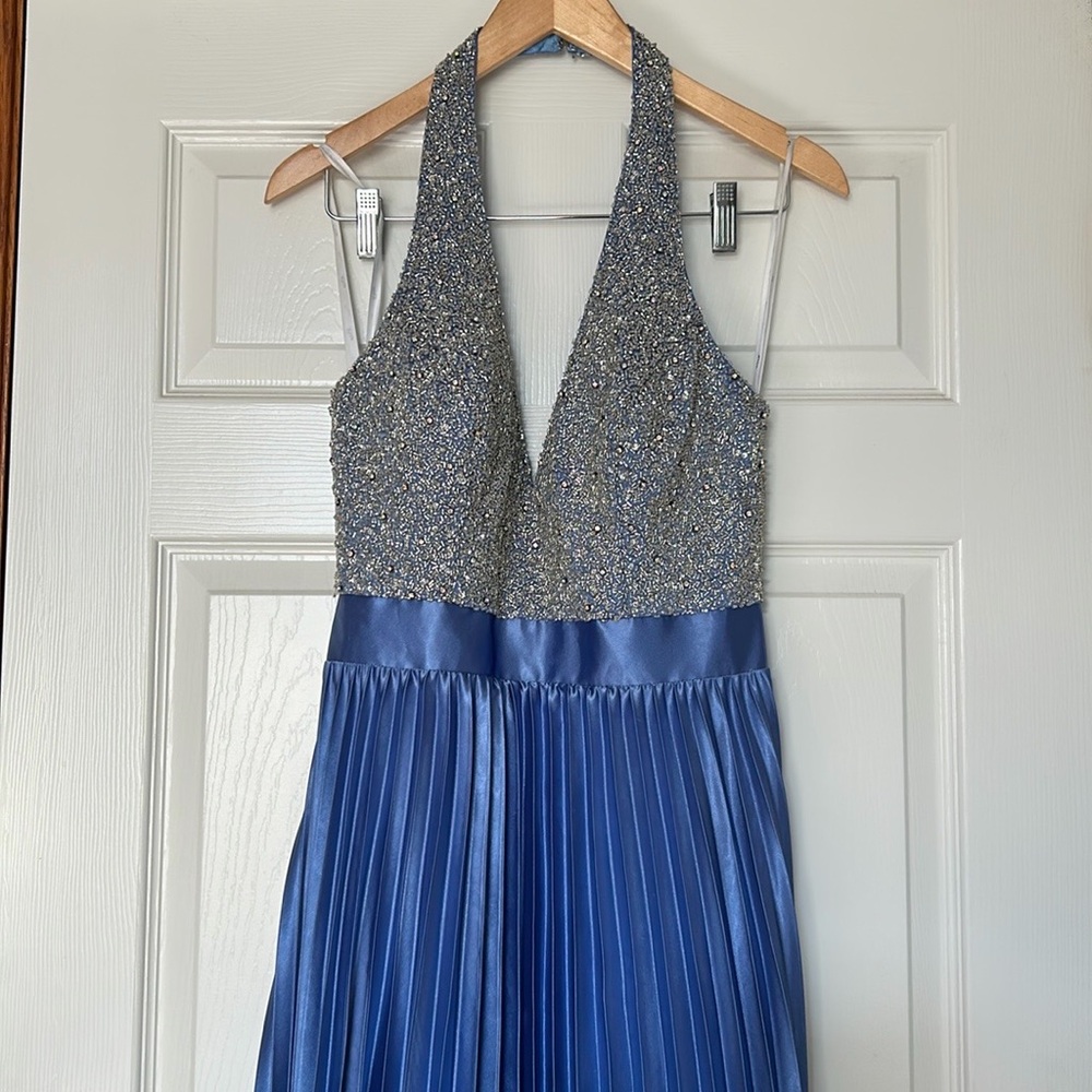 Beaded Halter Pleated Satin Gown in Blue and Silver